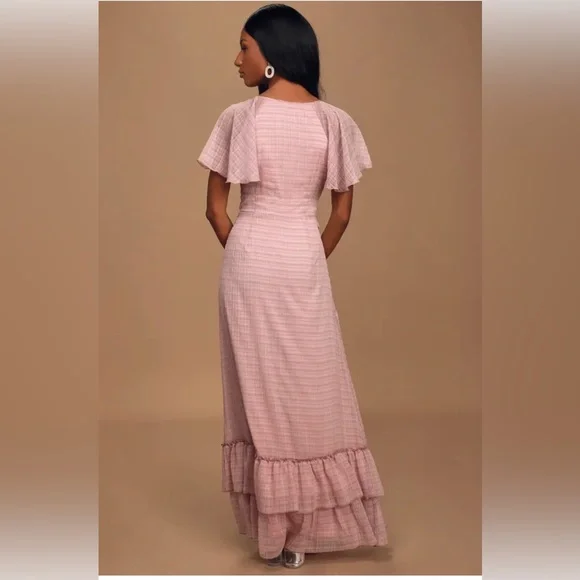 Sweetest Delight Mauve Plaid Ruffled Short Sleeve Maxi Dress - Picture 2 of 7